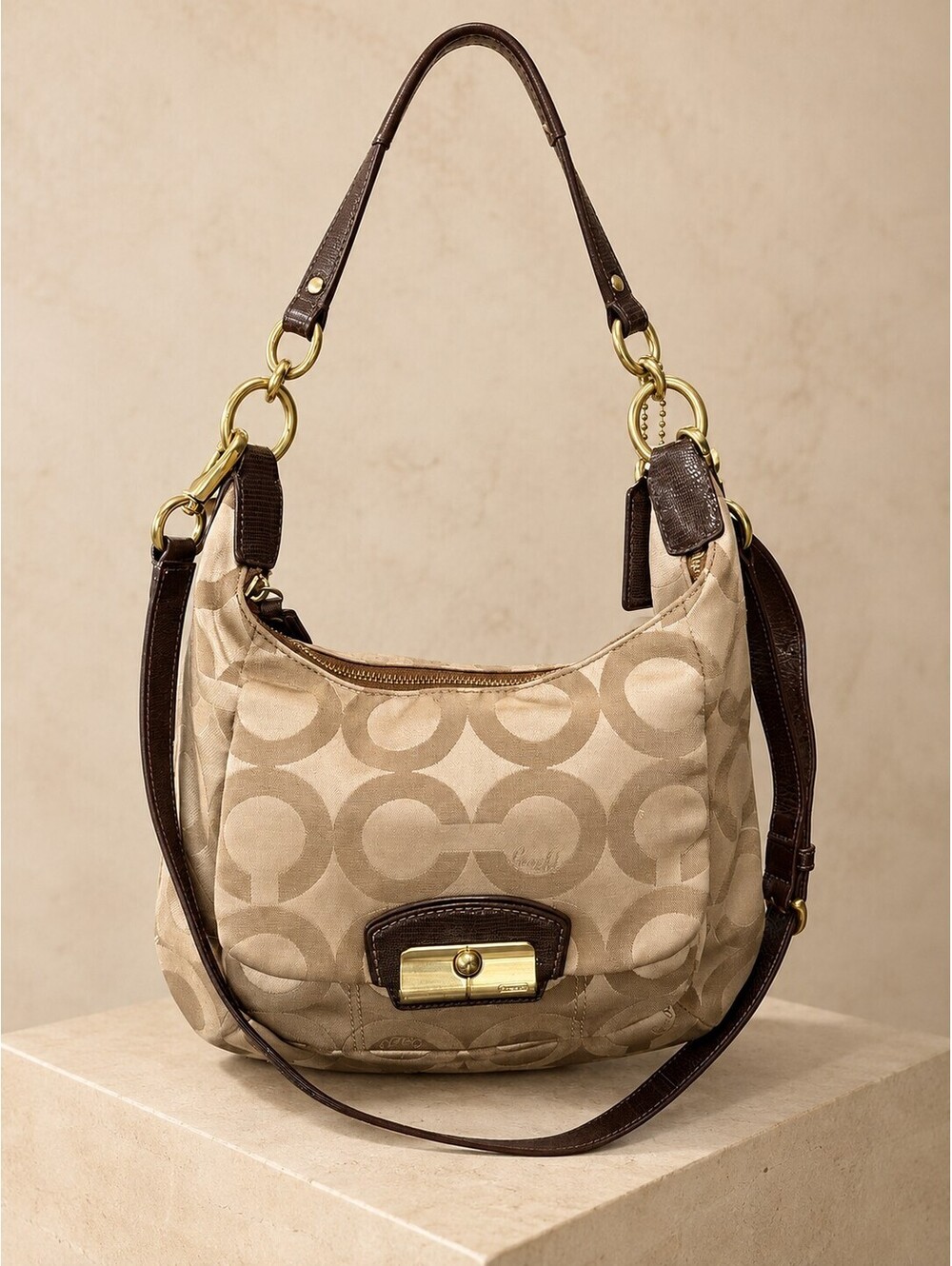 Coach Hobo Shoulder Bag Signature C Logo Canvas Medium Beige Brown